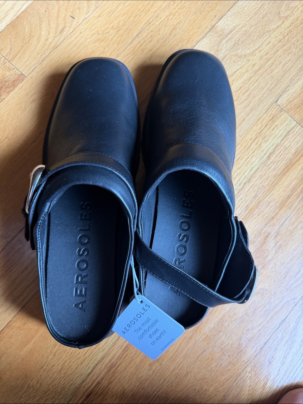 AEROSOLES Black Leather Mule Clogs with Buckle